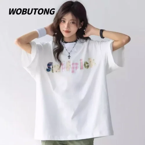 100%纯棉彩色字母透气领短袖t恤男女夏季爆款休闲百搭情侣上衣