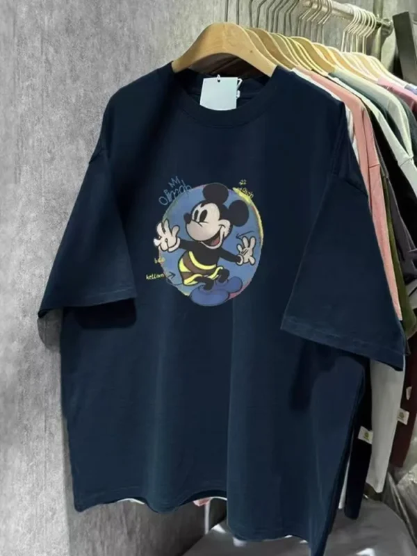 100%纯棉卡通爆款米奇网红气领短袖t恤男女夏季爆款休闲百搭