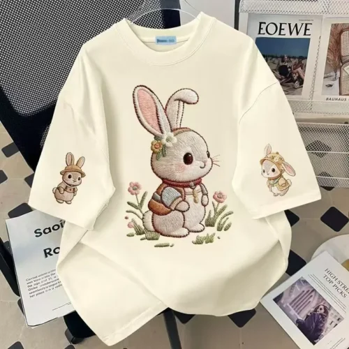 100%纯棉重磅可爱兔子三印花大码爆款双面印花短袖t恤夏宽松美式