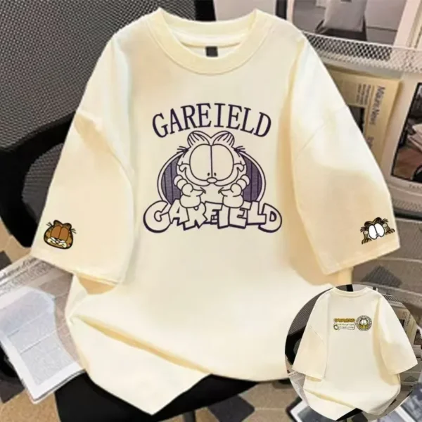 100%纯棉重磅加菲猫三印花爆款双面印花短袖t恤夏宽松美式