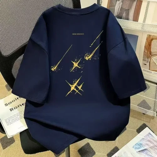 100%纯棉流星雨双面双印花复古大码爆款双面印花短袖t恤夏