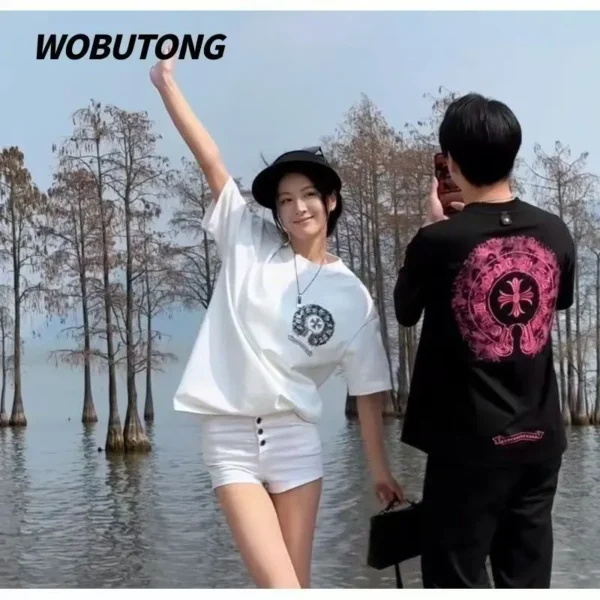 100%纯棉重磅爆款双面印花男女情侣短袖t恤夏宽松美式