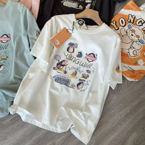 100%纯棉重磅卡通减龄透气网红双面印花男女情侣短袖