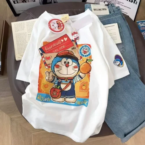 100%纯棉重磅多来A梦双印花复古大码爆款双面印花短袖t恤夏