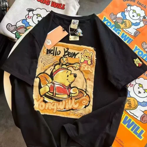 100%纯棉重磅维尼熊双印花复古大码爆款双面印花短袖t恤夏