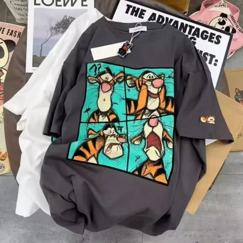 100%纯棉四宫格跳跳虎重磅可爱双面印花男女情夏宽松美式