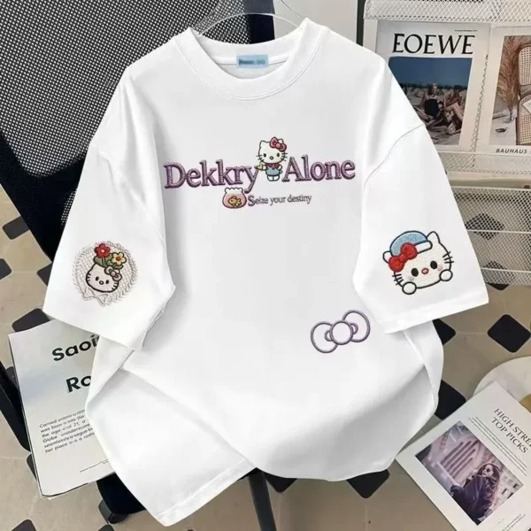 100%纯棉KT猫双印花复古大码爆款三面印花短袖t恤夏