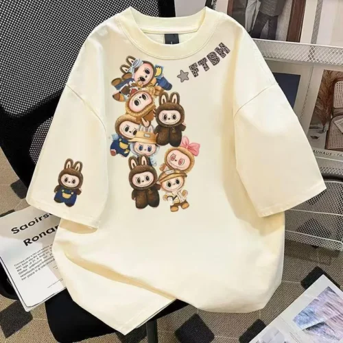 27 100%纯棉拉布布重磅爆款双面印花男女情侣短袖t恤夏宽松美式