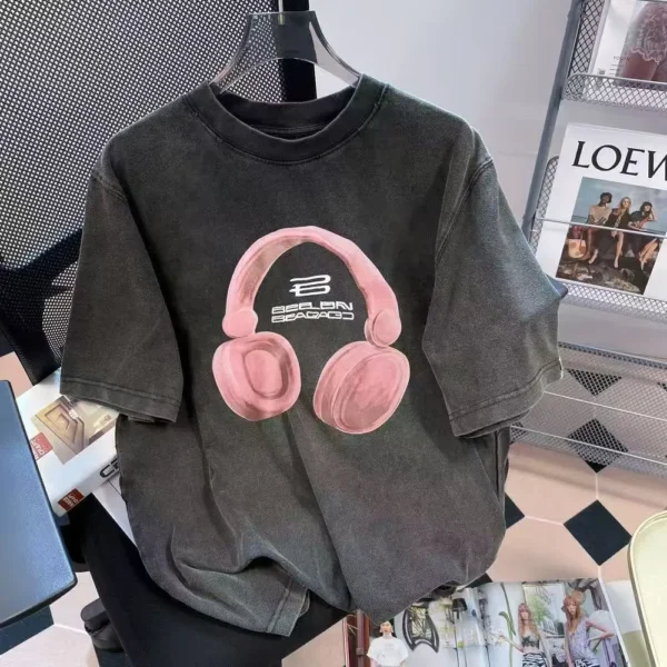 100%纯棉ins美式个性扎染短袖t恤男女四季耳机街头风宽松圆领情侣上衣