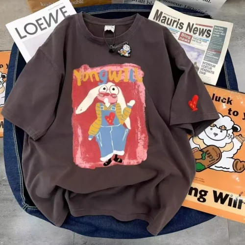 3 100%纯棉重磅减龄兔子透气网红双面印花男女情侣短袖