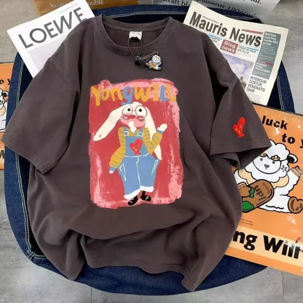 100%纯棉重磅减龄兔子透气网红双面印花男女情侣短袖