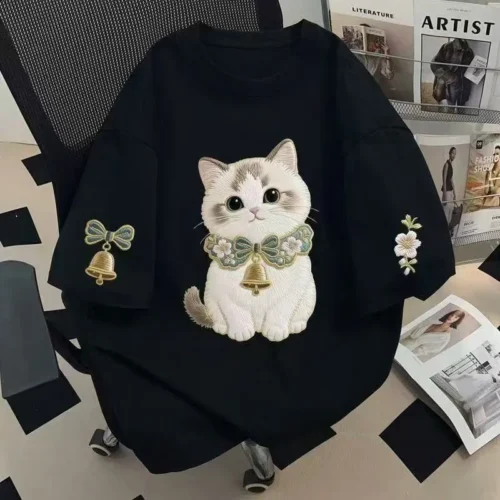 100%纯棉重磅复古爆款双面印花铃铛可爱 猫咪情侣短袖t恤夏宽松美式