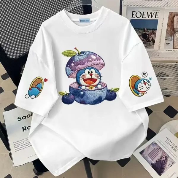 100%纯棉蓝莓叮当猫双印花复古大码爆款双面印花短袖t恤夏