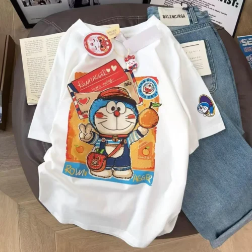 100%纯棉叮当猫爆款大码可爱双面印花男女情侣短袖t恤夏宽松美式