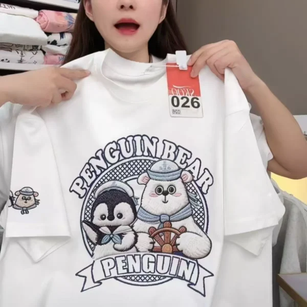 100%纯棉重可爱卡通企鹅双面双印花复古大码爆款双面印