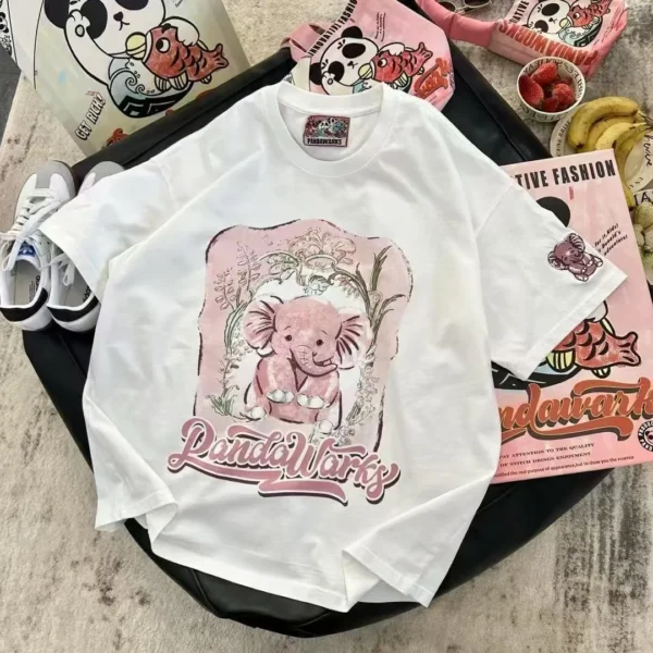 100%纯棉重磅粉色小象网红双面印花男女情侣短袖