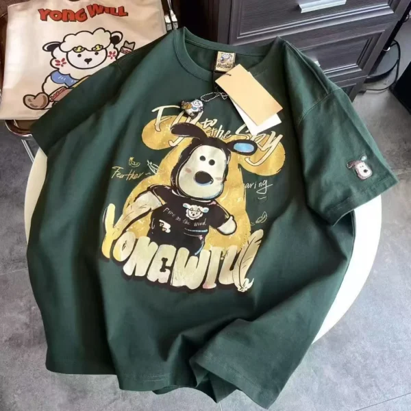 100%纯棉重可爱狗狗双面双印花复古大码爆款双面印花短袖t恤夏