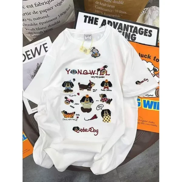 100%纯棉卡通多图狗狗腊肠狗显瘦高级减龄爆款圆领透气