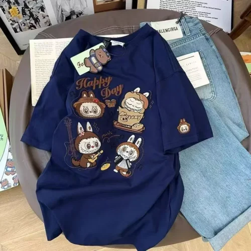 100%纯棉重彩色拉布布四宫格双印花复古大码爆款双面印花短袖t恤夏