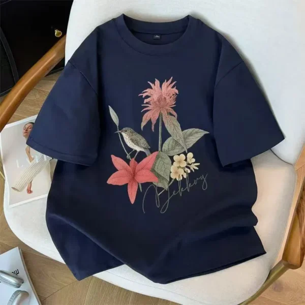 100%纯棉透气花花网红款圆领短袖t恤男女夏季爆款休闲百搭