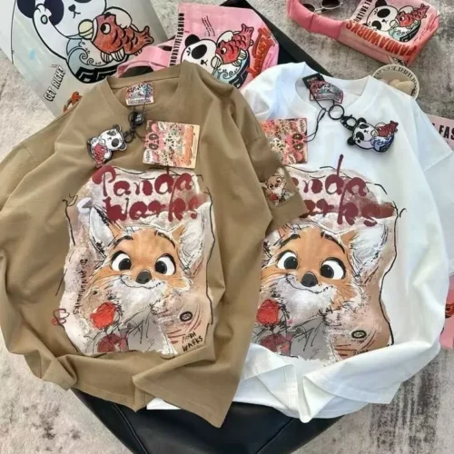 100%纯棉双面印疯狂动物城花男女情侣短袖t恤夏宽松美式