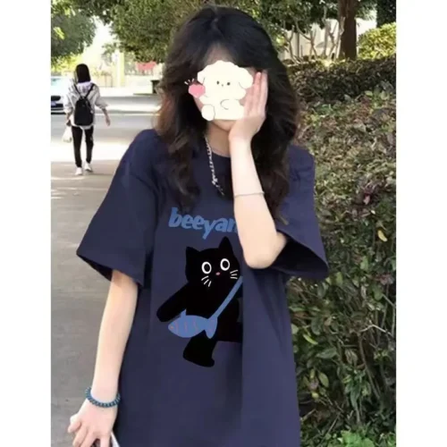 100%纯棉国潮猫咪圆领短袖t恤男女夏季爆款休闲百搭情侣上衣