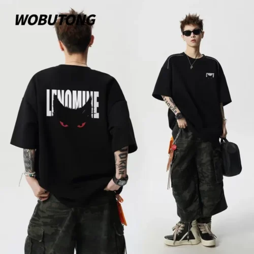 100%纯棉重磅复古黑色猫咪爆款双面印花男女情侣短袖t恤夏宽松美式