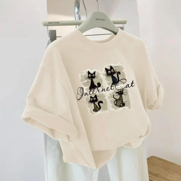 100%纯棉卡通四宫格黑色小猫网红气领短袖t恤男女夏季爆款休闲百搭