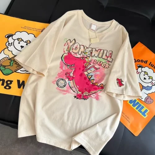 100%纯棉重磅网红恐龙双面印花男女情侣短袖t恤夏宽松美式