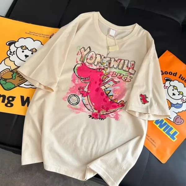 100%纯棉重磅网红恐龙双面印花男女情侣短袖t恤夏宽松美式