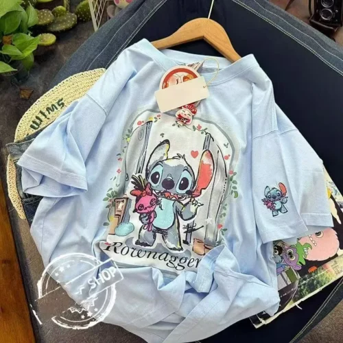 100%纯棉重可爱卡通蓝色史迪仔双面双印花复古大码爆款双面印