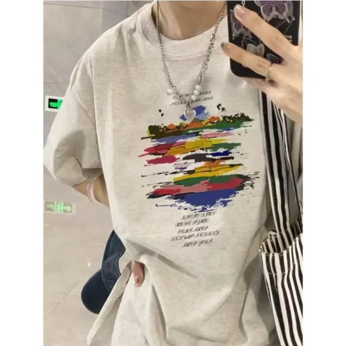 100%纯棉个性圆透气领短袖t恤男女彩虹爆款休闲百搭情侣上衣