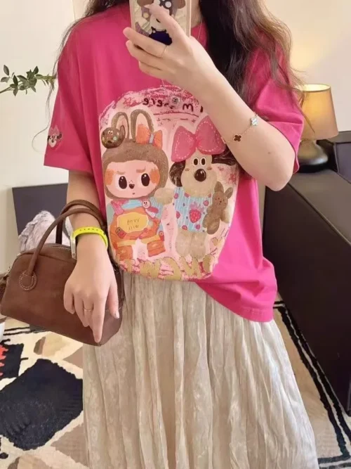 100%纯棉重磅网红大图拉布布爱双面印花男女情侣短袖t恤夏宽松