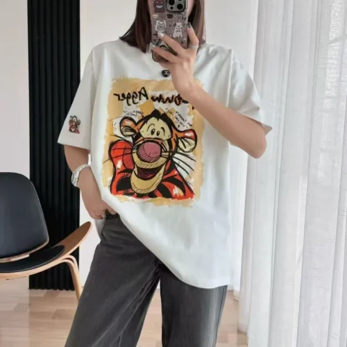 100%纯棉重可爱跳跳虎大码透气双面双印花复古大码爆款双面印