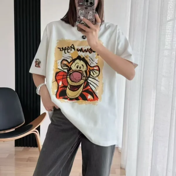 100%纯棉重可爱跳跳虎大码透气双面双印花复古大码爆款双面印