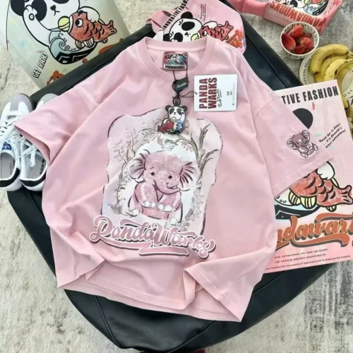 100%纯棉重磅小象恐龙双面印花男女情侣短袖t恤高级感