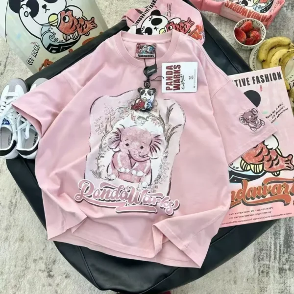 100%纯棉重磅小象恐龙双面印花男女情侣短袖t恤高级感