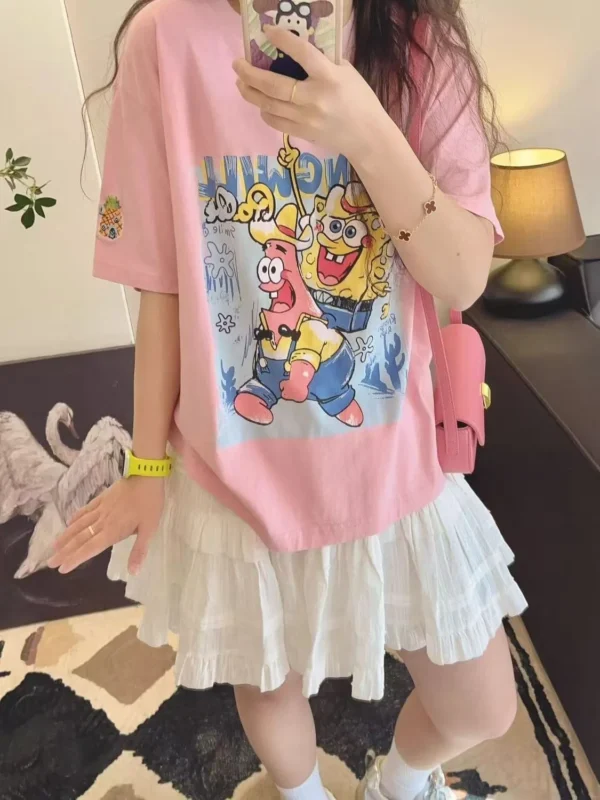 100%纯棉重磅可爱海绵宝宝双面印花男女情侣短袖t恤