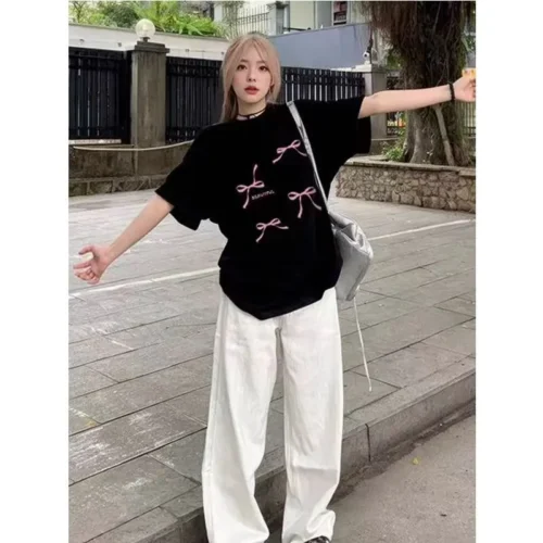 100%纯棉蝴蝶结透气领短袖t恤男女夏季爆款休闲百搭情侣上衣