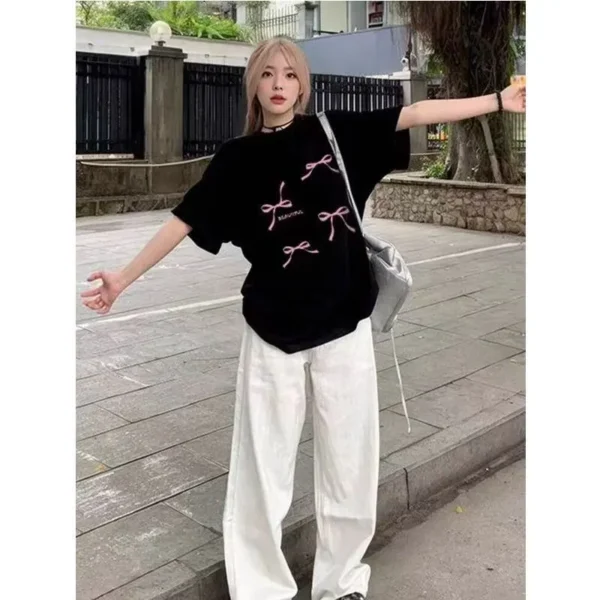 100%纯棉蝴蝶结透气领短袖t恤男女夏季爆款休闲百搭情侣上衣