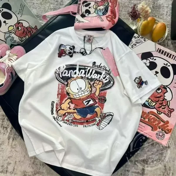 100%纯棉重可爱卡通加菲猫透气双印花复古大码爆款双面印