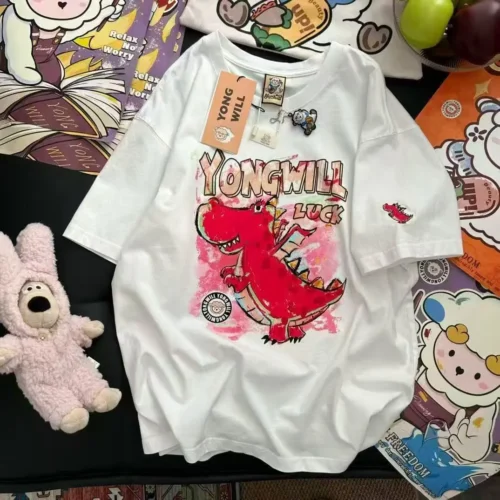 47 100%纯棉重可爱卡通小恐龙双面双印花复古大码爆款双面印