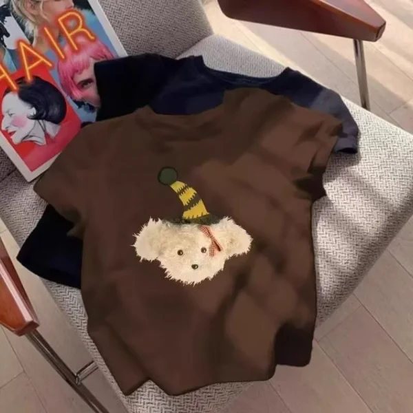 100%纯棉棕色小熊圆领短袖t恤男女夏季爆款休闲百搭