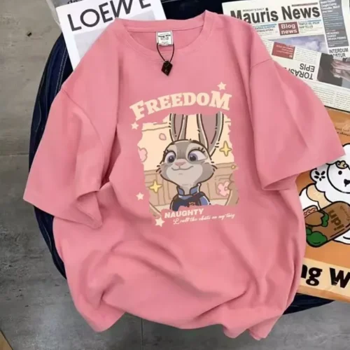 100%纯棉卡通可爱兔子透网红气领短袖t恤男女夏季爆款休闲百搭