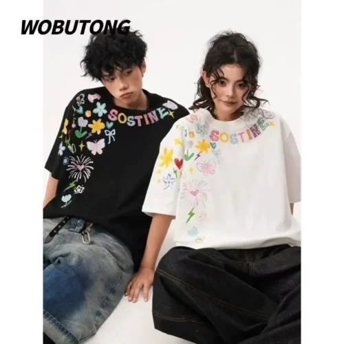 100%纯棉重磅大码复古爆款双面印花男女情侣短袖t恤夏宽松美式