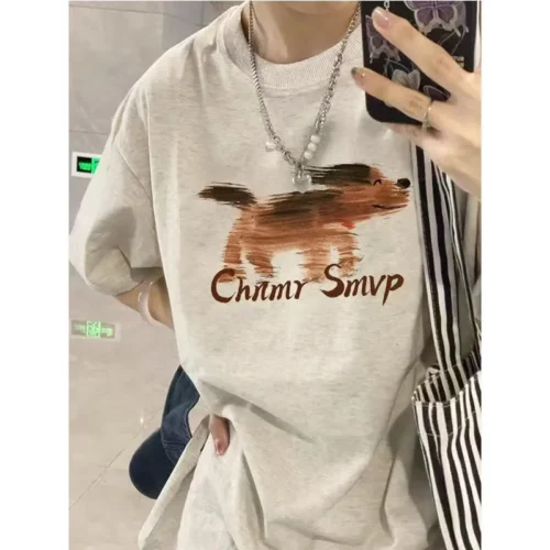 100%纯棉抽象狗领短袖t恤男女夏季爆款休闲百搭情侣上衣