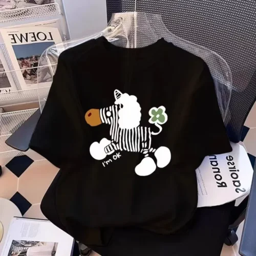 6 100%纯棉卡通可爱斑马透网红气领短袖t恤男女夏季爆款休闲百搭