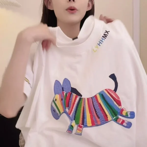 100%纯棉重磅七彩小马复古爆款双面印花男女情侣短袖t恤夏宽松美式