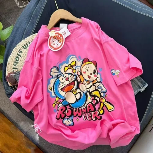 100%纯棉重磅叮当猫网红双面印花男女情侣短袖可爱爆款