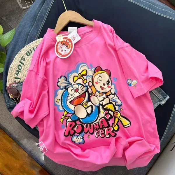 100%纯棉重磅叮当猫网红双面印花男女情侣短袖可爱爆款